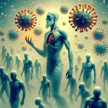 Conceptual 3D illustration of human body surrounded by viruses.の素材