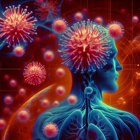 Digital illustration of virus in colored background with human bodyの素材