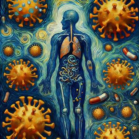 Virus cells in human body. 3d rendering. Computer digital drawing.の素材