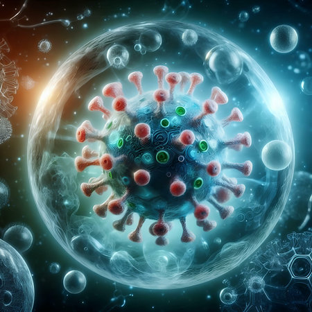 3D illustration of a coronavirus in a medical background.の素材