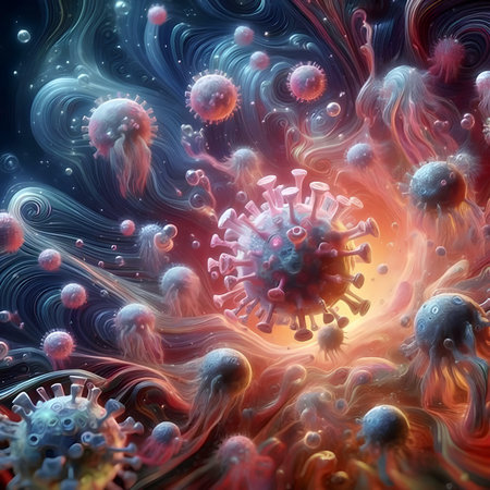 3D illustration of corona virus in abstract space. COVID-19.の素材