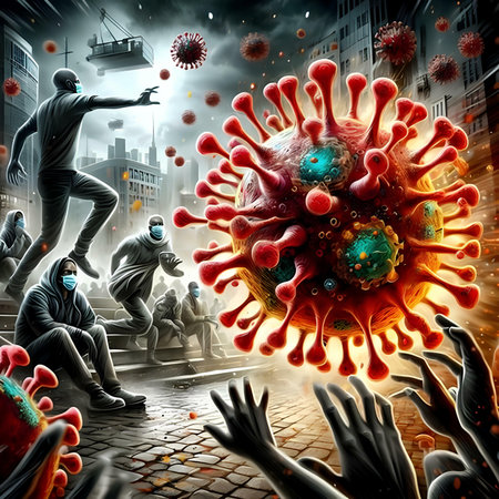 Coronavirus COVID-19. Conceptual image of the fight against the virus.の素材