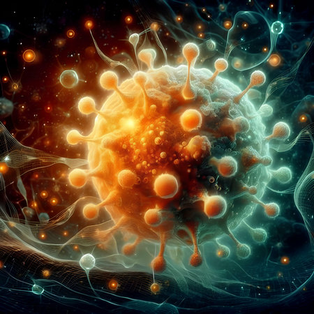 Digital illustration of Flu virus in colored background. 3D renderingの素材