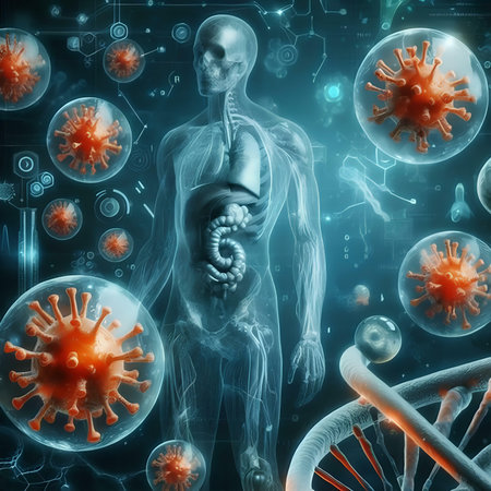 Digital illustration of virus in colored backgroundの素材