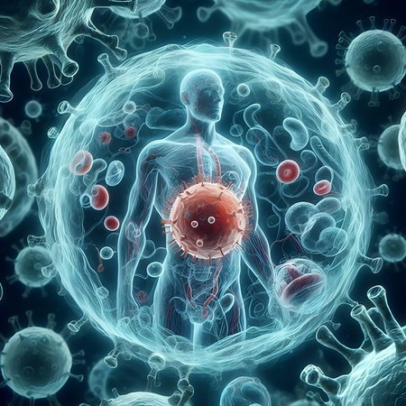 3D Illustration of Viruses infecting a human body.の素材