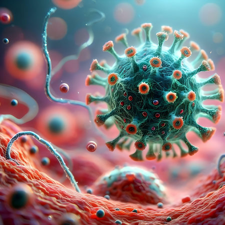 Viruses in blood cells. 3D illustration. Coronavirus concept.の素材