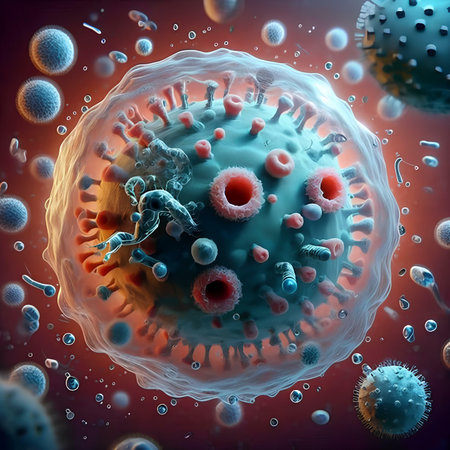 3D render of Coronavirus 2019-nCoV in blood cellsの素材