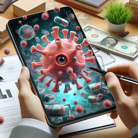 smartphone with virus on the screen in the hands of a doctorの素材