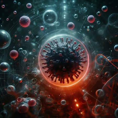 Digital illustration of Flu virus in colored background. 3D renderingの素材