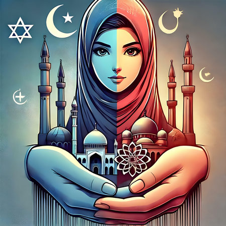Beautiful Muslim woman with mosque and crescent moon. Vector illustration.の素材