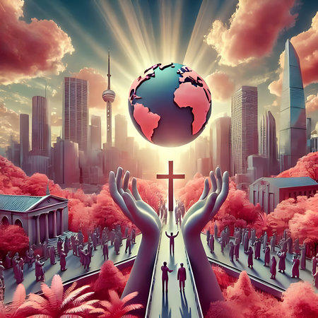 Hands of Jesus Christ on the background of the city and the globe.の素材