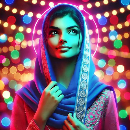 Portrait of a beautiful young woman in oriental costume. Bokeh background.の素材