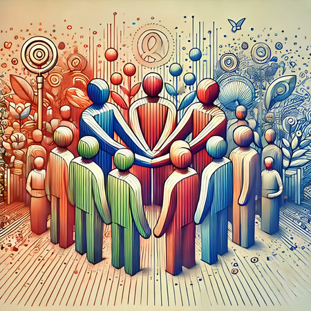People in a crowd of people around a gift box. Vector illustration.の素材