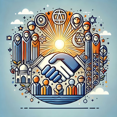 Vector illustration of handshaking. Handshake in a circle on the background of the city.の素材