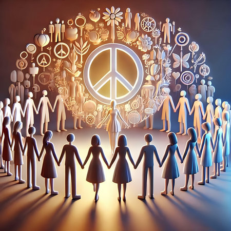 Conceptual image with people around peace sign. 3D renderingの素材