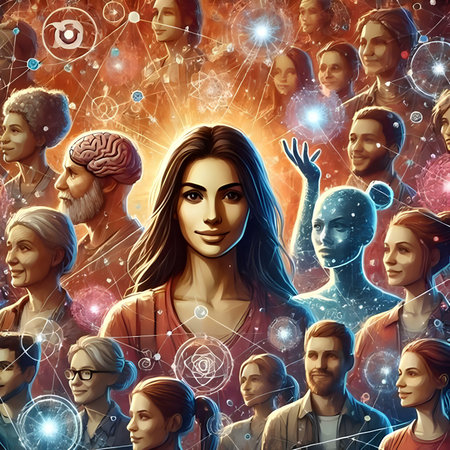 Portrait of a beautiful young woman surrounded by social network elements.の素材