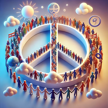 Group of people around the peace symbol. 3d rendering, 3d illustration.の素材