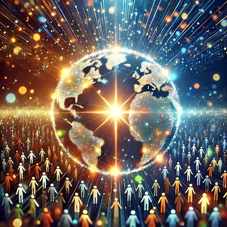Global communication concept. Crowd of people around the globe. 3D renderingの素材