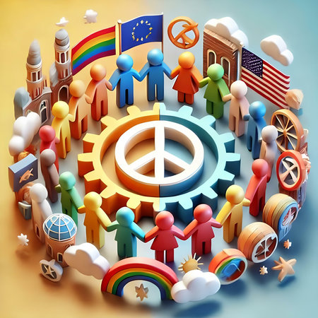 People around the globe with peace symbol in the center. 3d illustrationの素材