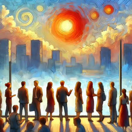Business people in the city at sunset. Digital painting. Vector illustration.の素材