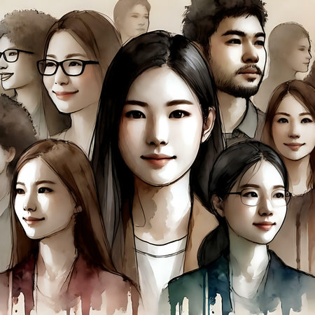 Group of beautiful Asian women and men. Digital painting style.の素材
