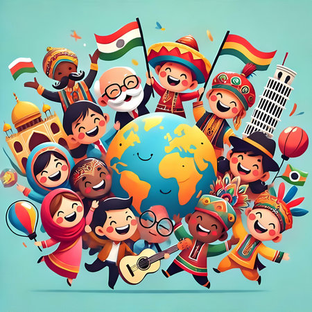 Vector illustration of happy Indian kids around the world. Colorful cartoon style.の素材