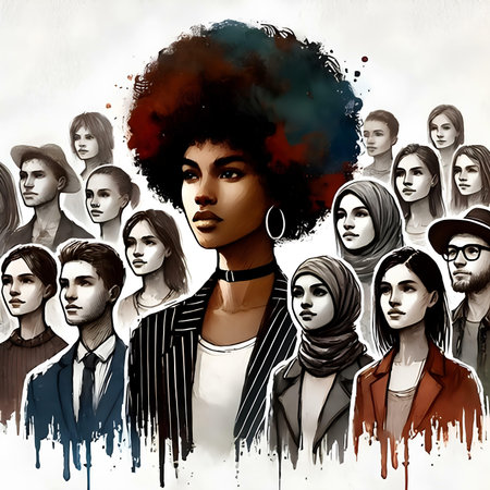 Portrait of young African American woman with many people behind her.の素材