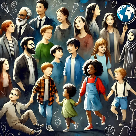 Children's illustration of a group of people on a chalkboard.の素材