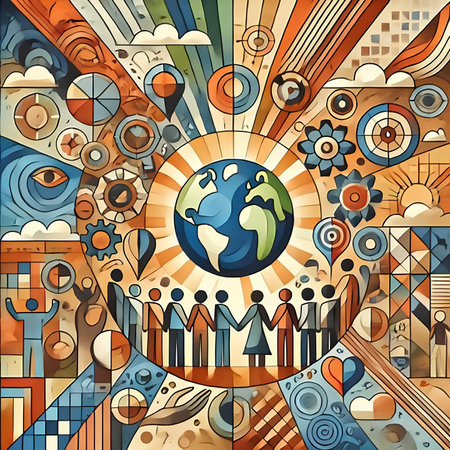 Colorful abstract background with planet earth and people. Vector illustration.の素材