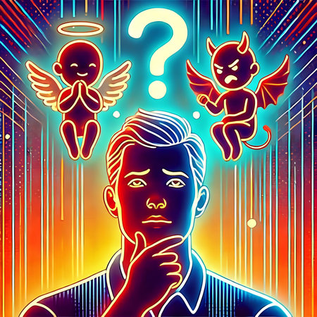 Man with question marks and angels. Vector illustration in retro style.の素材