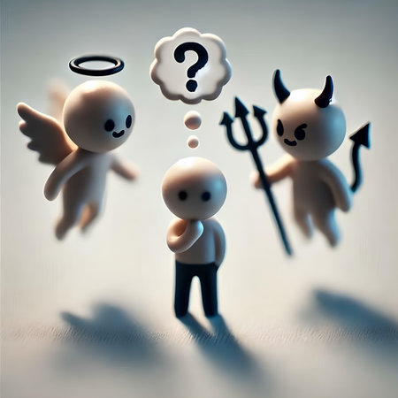 Angel and devil with question mark on white background. 3D illustration.の素材