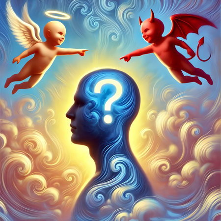 Conceptual image of human head with question mark and angel.の素材