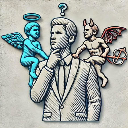 Angel and devil. Hand drawn illustration of angel and devil with children.の素材