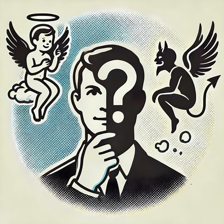 Businessman with question mark and angel. Hand drawn vector illustration.の素材