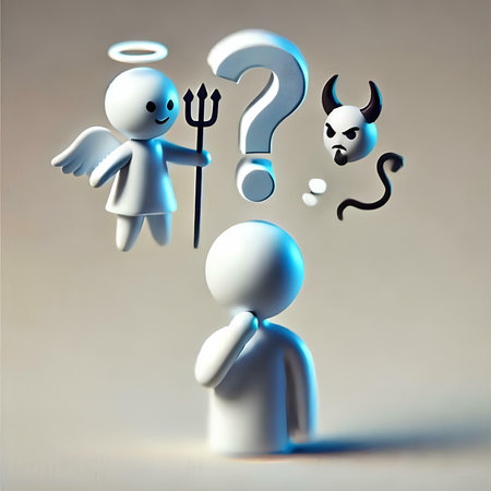 Angel and devil with question mark, 3d render illustration, white backgroundの素材