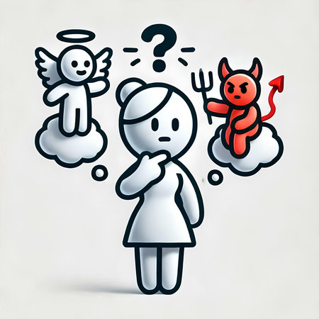 Cartoon girl thinking with question mark and angel, vector illustration.の素材