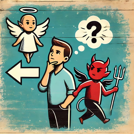 Vector illustration of a man and a devil on a wooden background.の素材