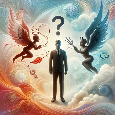 Angel and devil with question mark on abstract background. Vector illustration.の素材