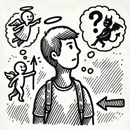 Boy with a backpack and a set of doodle elements.の素材