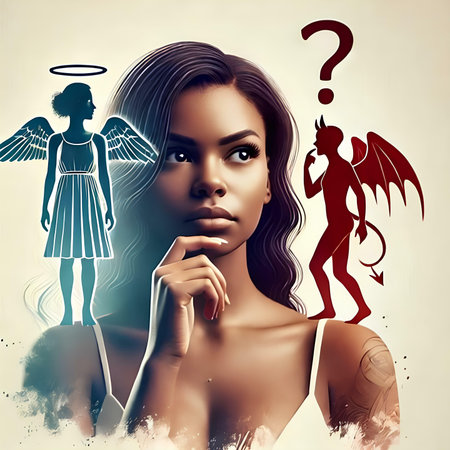 Fashion portrait of beautiful young woman with question mark and angel.の素材