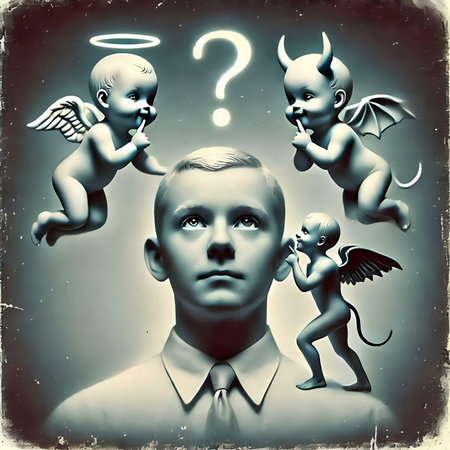 Man with question marks and angels. 3D illustration. Vintage style.の素材