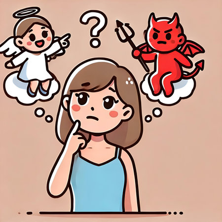 Girl thinking with angel and devil. Vector illustration in cartoon style.の素材