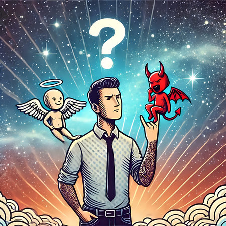 Vector illustration of a man with a devil and angel on the background of the night sky.の素材