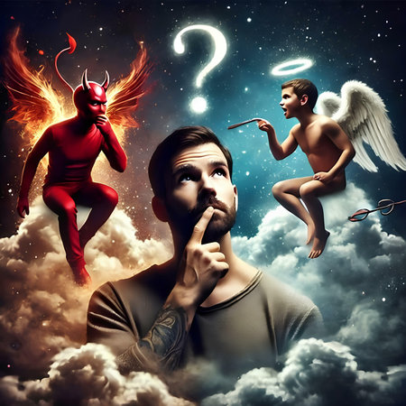 Man with devil face and question mark above his head, conceptual imageの素材