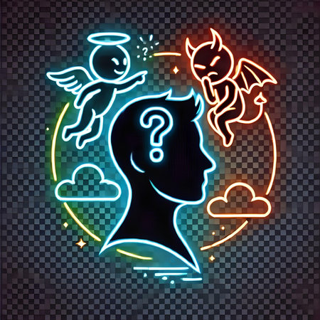 Human head with question mark, angel and devil. Neon sign, vector illustration.の素材