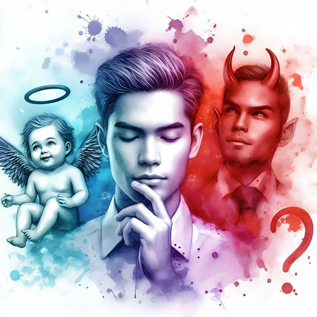 Digital illustration of a man with devil and angel on a colored background.の素材