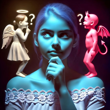 3d illustration of a beautiful girl with a question mark and angelsの素材