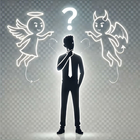 Businessman with question mark, angel and devil, vector illustration.の素材