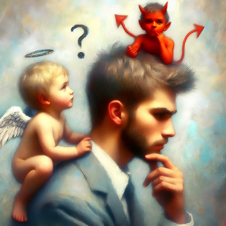Father and son are looking at the devil. Conceptual illustration.の素材