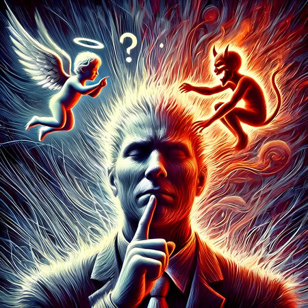 Man with angel wings and question marks around his head. Conceptual illustration.の素材